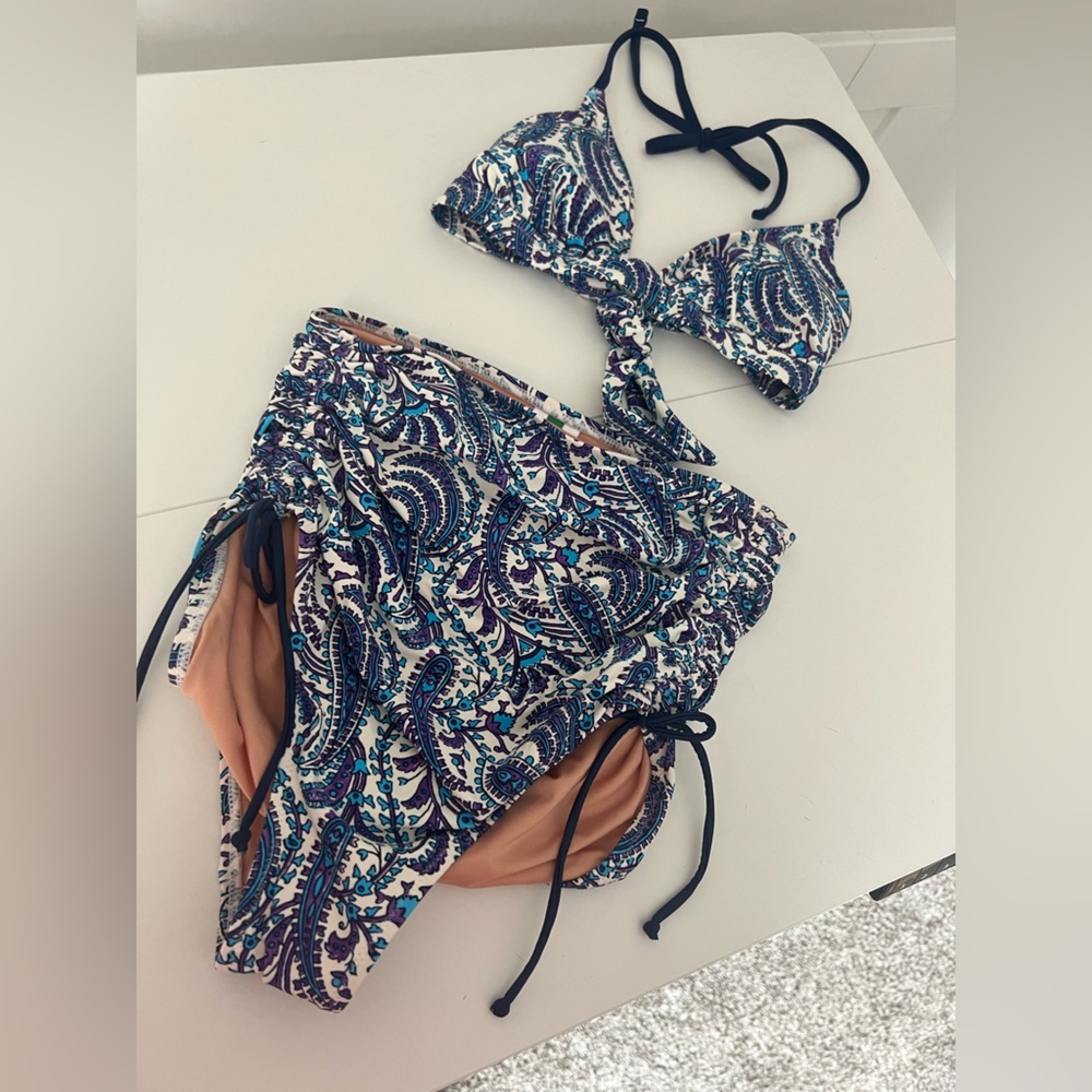 J.Crew Paisley Bikini S Blue Purple Print Triangle Top Ruched Tie Side Bottoms